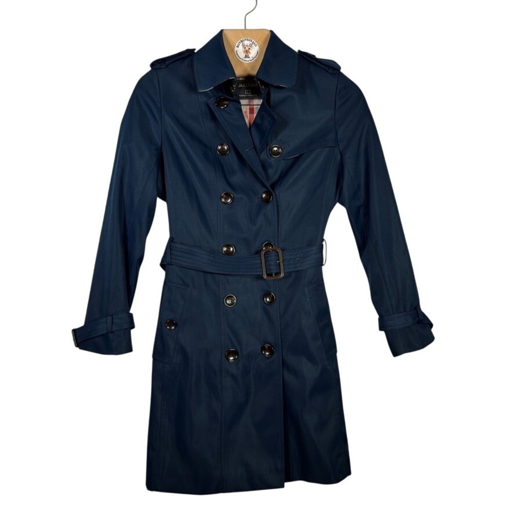Jazzevar Navy Belted Trench Coat Plaid Lined Double Breasted Womens L